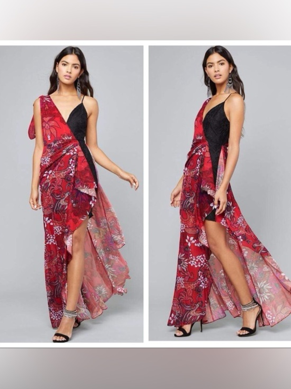 Bebe Mixed Media Paisley Floral Maxi Dress Lace Bodice Asymmetrical Red Black 6